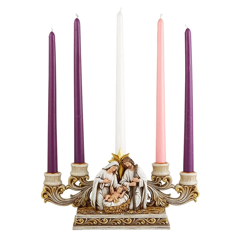 .Nativity Advent Candleholder with intricate resin Holy Family scene and space for five candles.