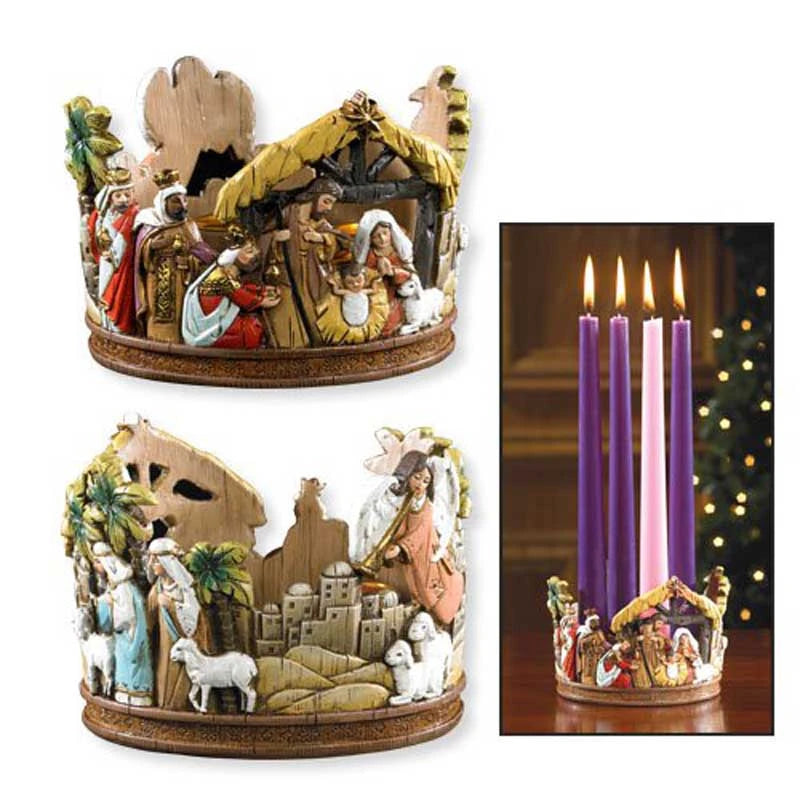 Nativity Advent Candleholder in stoneresin featuring different Holy Family scenes on each side for Catholic Advent prayer.