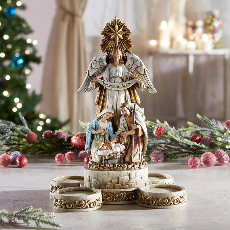 10-inch Nativity Advent centerpiece with four votive holders for Catholic prayer and Christmas décor.
