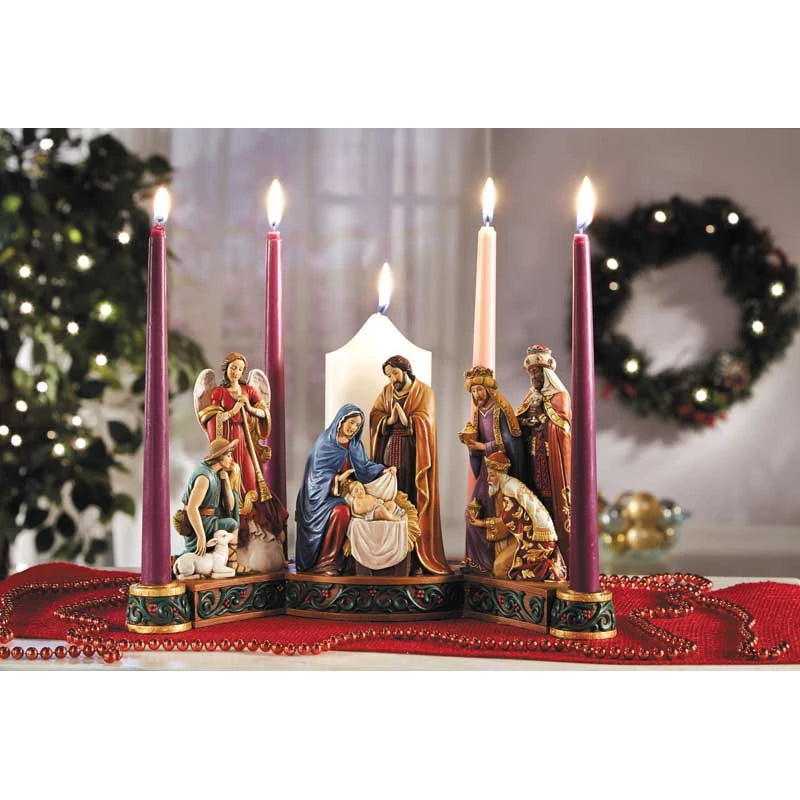 Nativity Advent Candleholder with Holy Family scene in stoneresin for Catholic Advent prayer and Christmas décor.