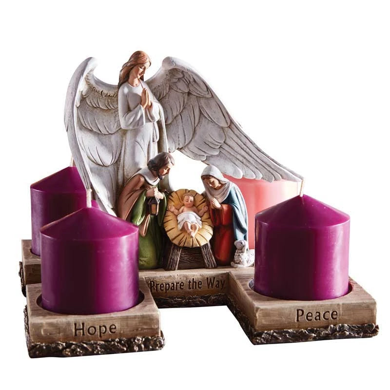 Nativity Advent Candleholder by Avalon Gallery with Holy Family figurine, angel, and four candle spaces.