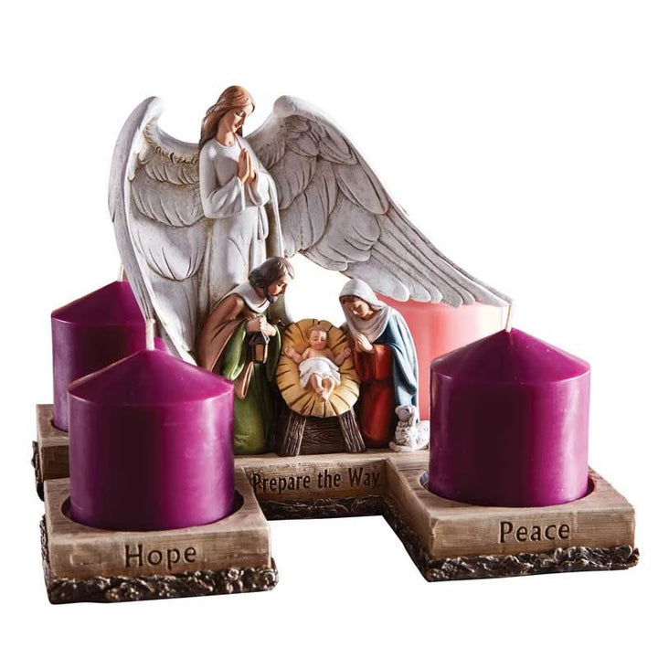Nativity Advent Candleholder by Avalon Gallery with Holy Family figurine, angel, and four candle spaces.
