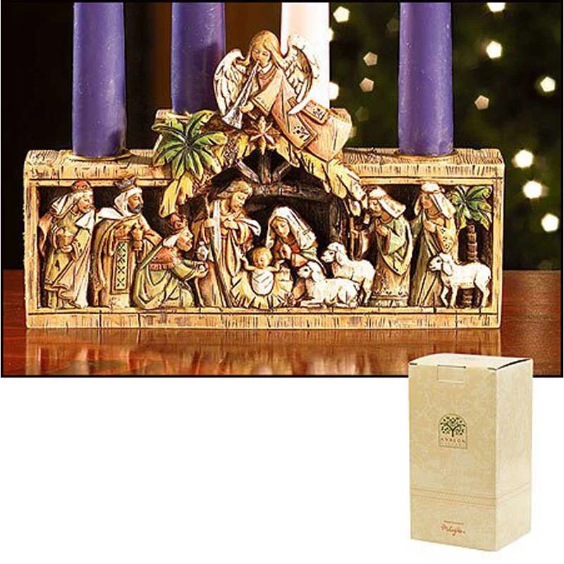 Nativity Candleholder featuring a resin Holy Family scene for Catholic Advent prayer and Christmas home décor.