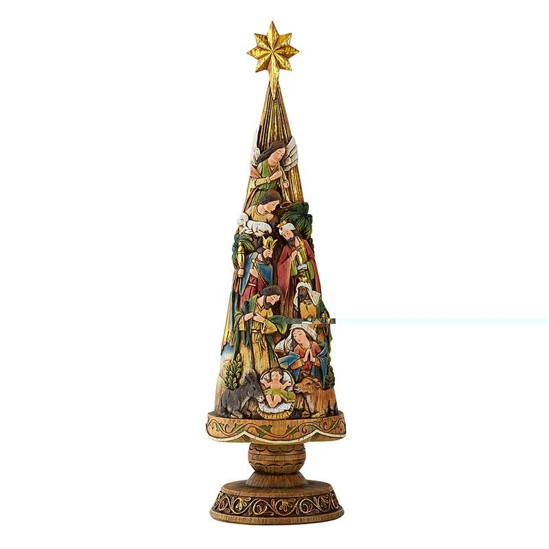 20.75 inch Nativity Christmas Tree Figurine crafted from stoneresin for Catholic Christmas décor.