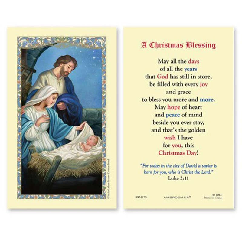 Nativity laminated holy card featuring Mary, Joseph, and the Christ Child with gold foil border.