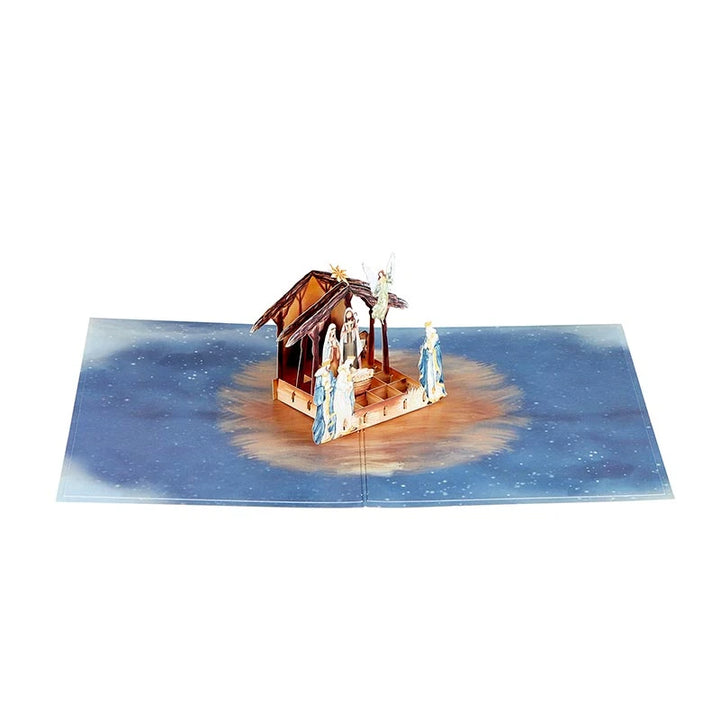 Catholic Christmas pop up card with a beautifully drawn Nativity design for seasonal display.