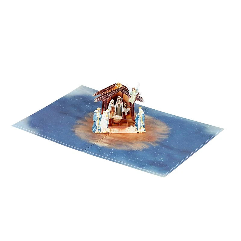  6 x 8 Nativity Christmas greeting card that doubles as a mantel, shelf, or tabletop decoration.