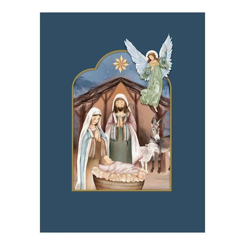 Nativity Pop Up Christmas Card featuring a dimensional Catholic birth of Christ scene.