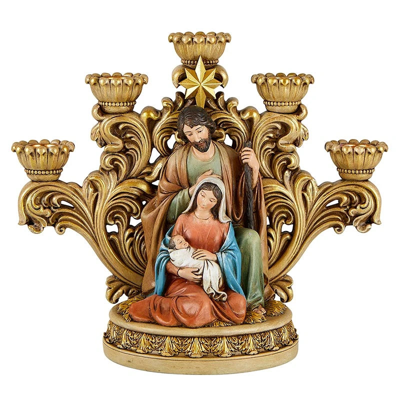 Nativity Star Advent Candleholder featuring a detailed resin Holy Family scene with star-inspired Catholic Christmas design.