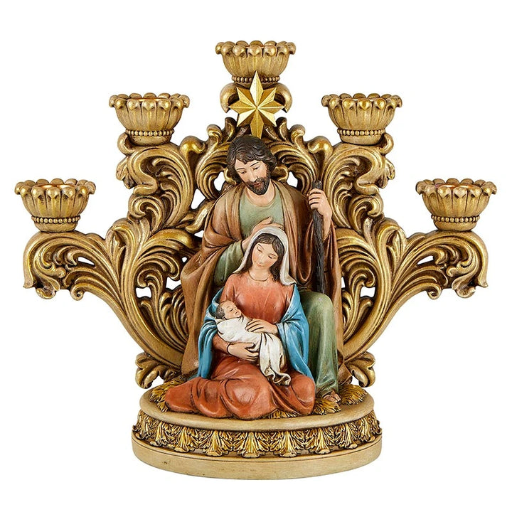 Nativity Star Advent Candleholder featuring a detailed resin Holy Family scene with star-inspired Catholic Christmas design.