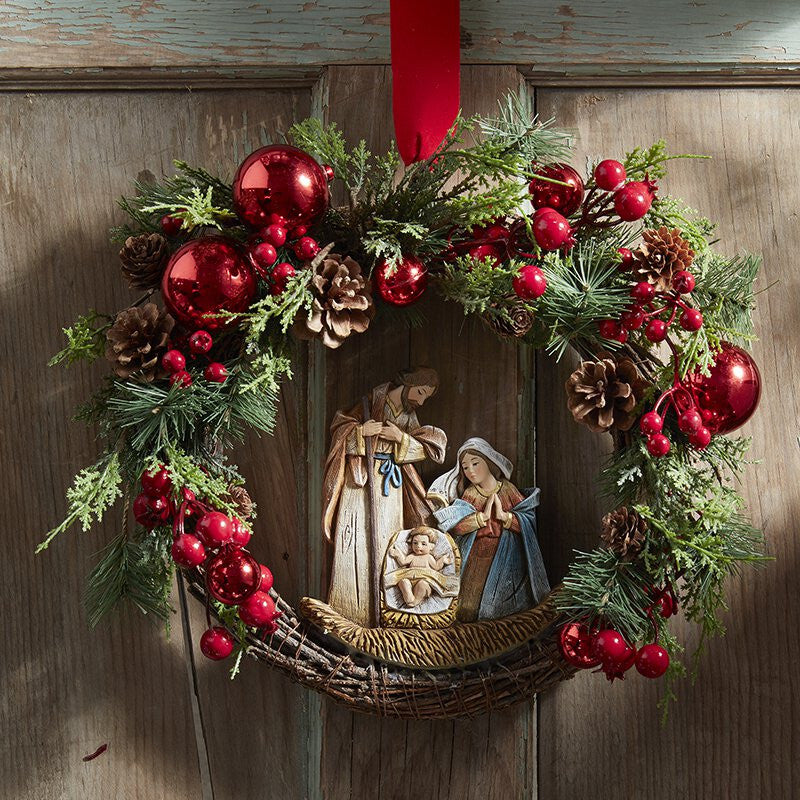 15 inch Nativity Wreath with Holy Family centerpiece and traditional Christmas detailing.