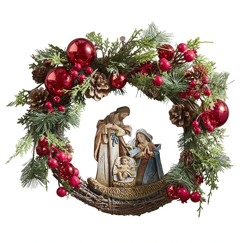 Catholic Christmas wreath with resin Holy Family, rattan, pine cone, and festive decorative accents.