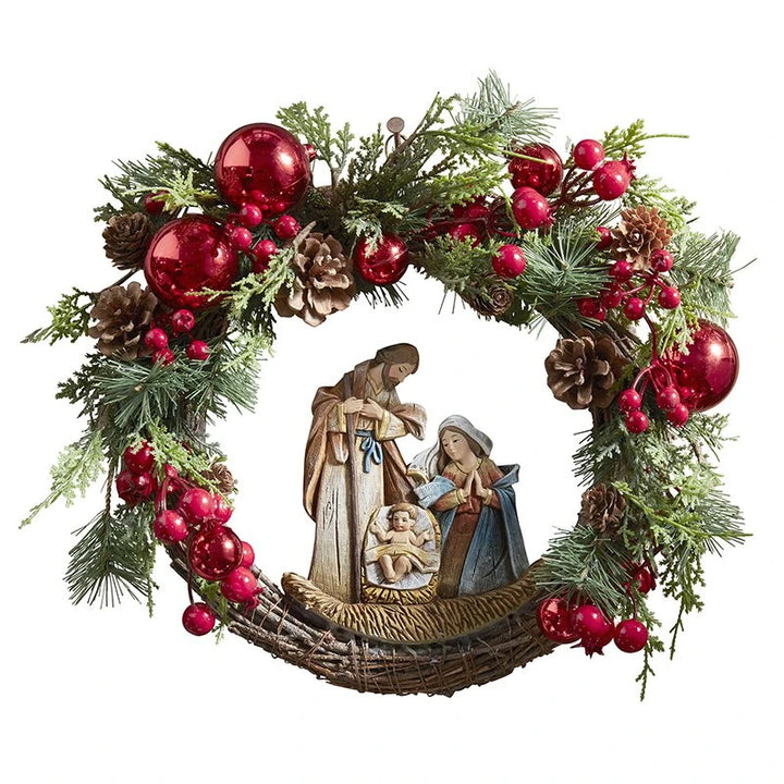 Catholic Christmas wreath with resin Holy Family, rattan, pine cone, and festive decorative accents.