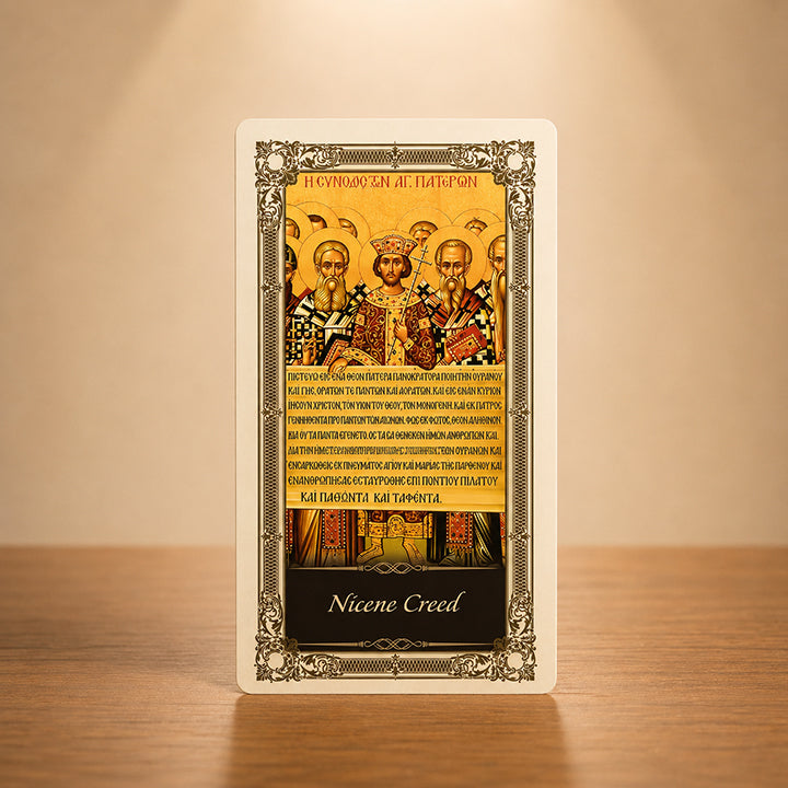Nicene Creed Kilgarlin Laminated Prayer Card featuring traditional Council of Nicaea Christian artwork with ornate gold Catholic accents.