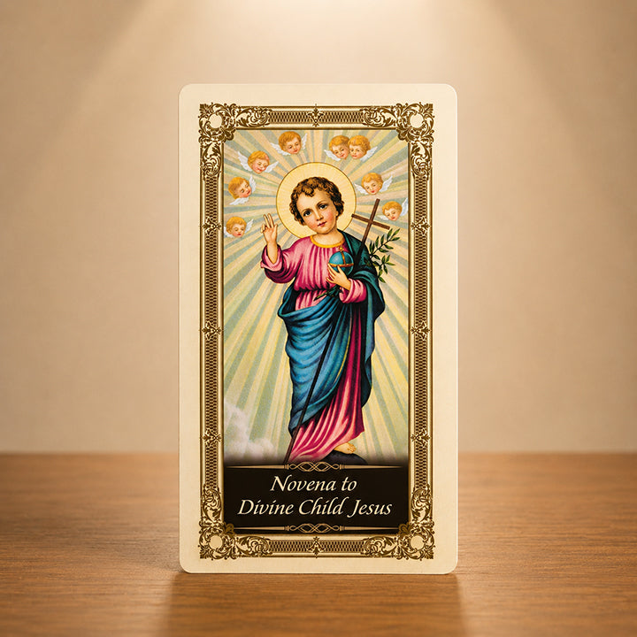 Novena to Divine Child Jesus Prayer Card with classic Infant Jesus artwork and gold color accents