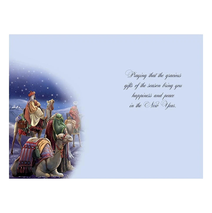 Catholic Christmas greeting card featuring a prayer for happiness and peace in the New Year.