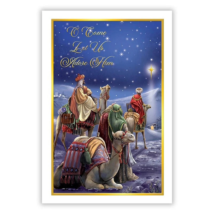 O Come Let Us Adore Him Christmas Card with elegant gold foil embossed Catholic design.