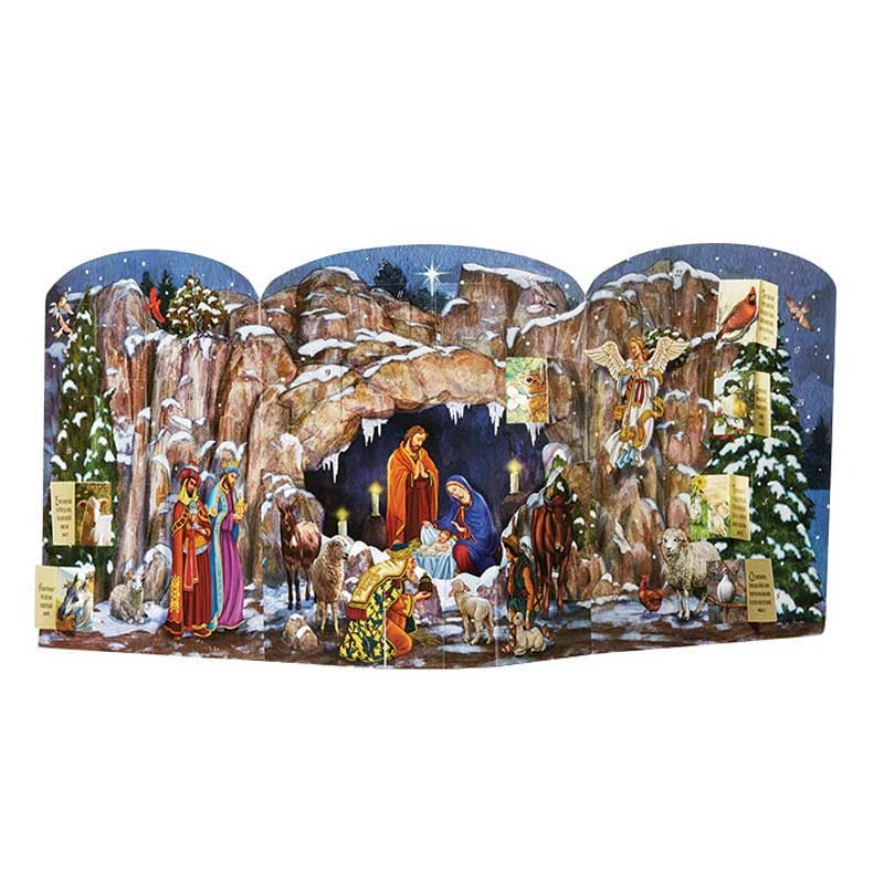O Holy Night Advent Calendar by Michael Adams featuring the Holy Family in a winter cave with 24 opening windows.