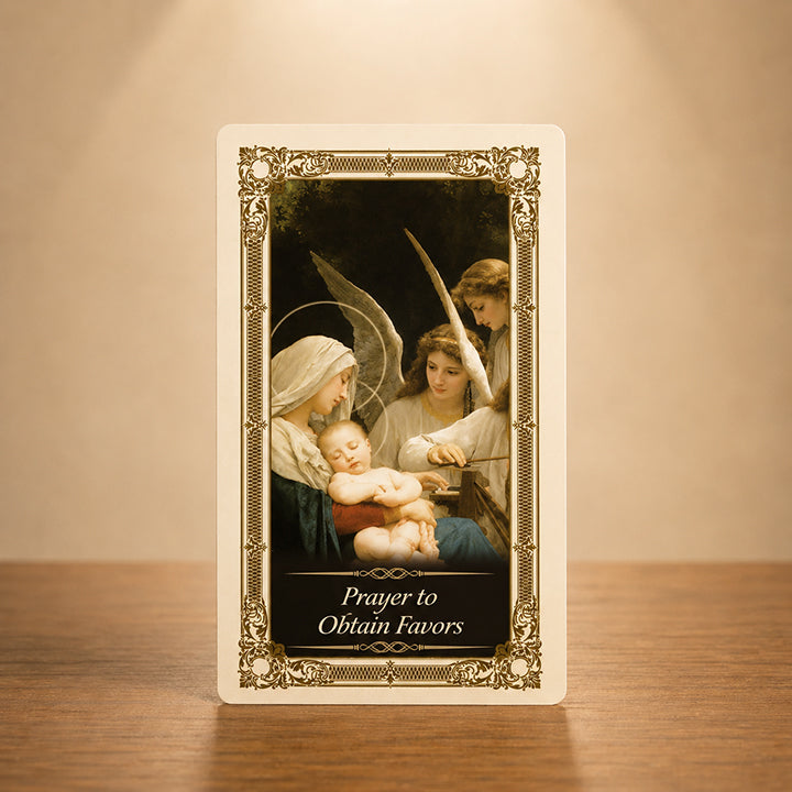Prayer to Obtain Favors prayer card with Virgin Mary Christ Child and angels artwork