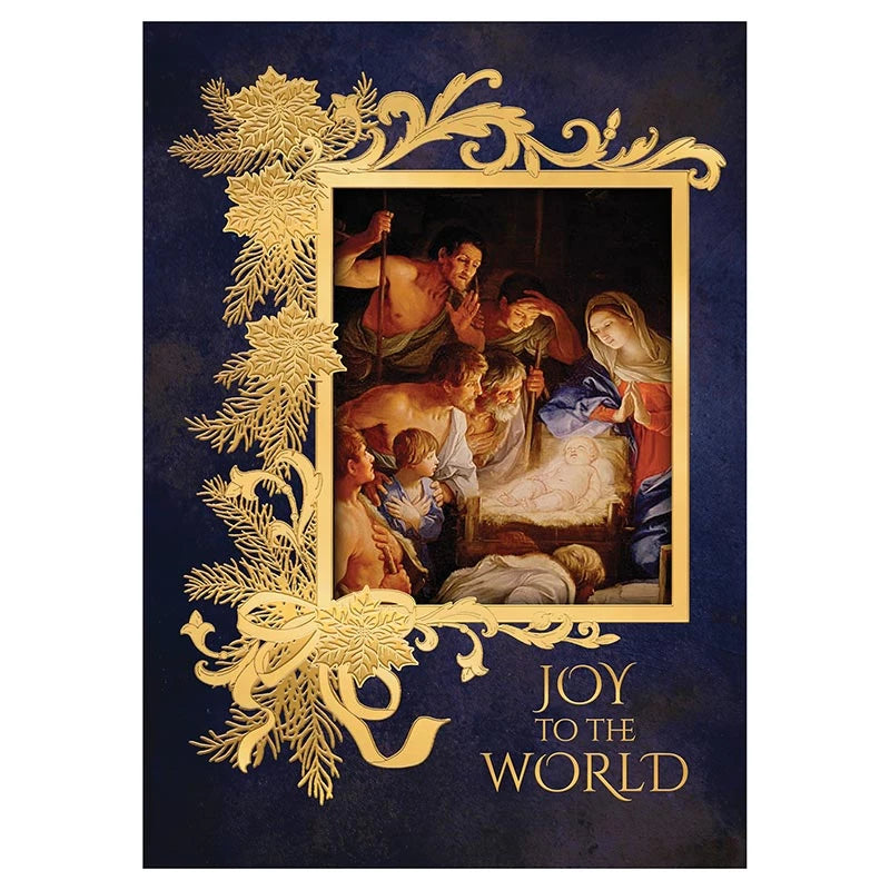 Boxed Catholic Christmas card assortment featuring sacred Nativity artwork and elegant gold foil accents.
