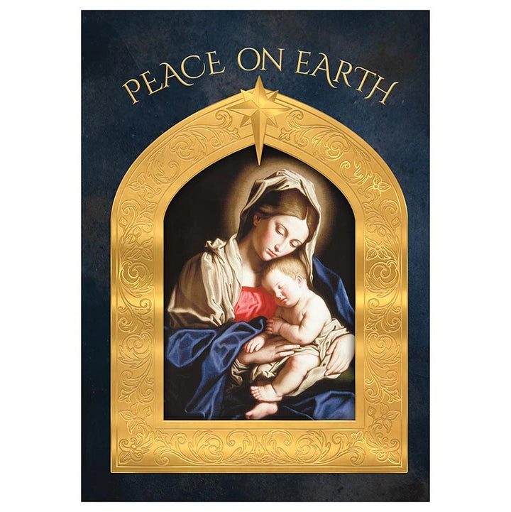 Boxed Catholic Christmas card assortment featuring sacred Nativity artwork and elegant gold foil accents.