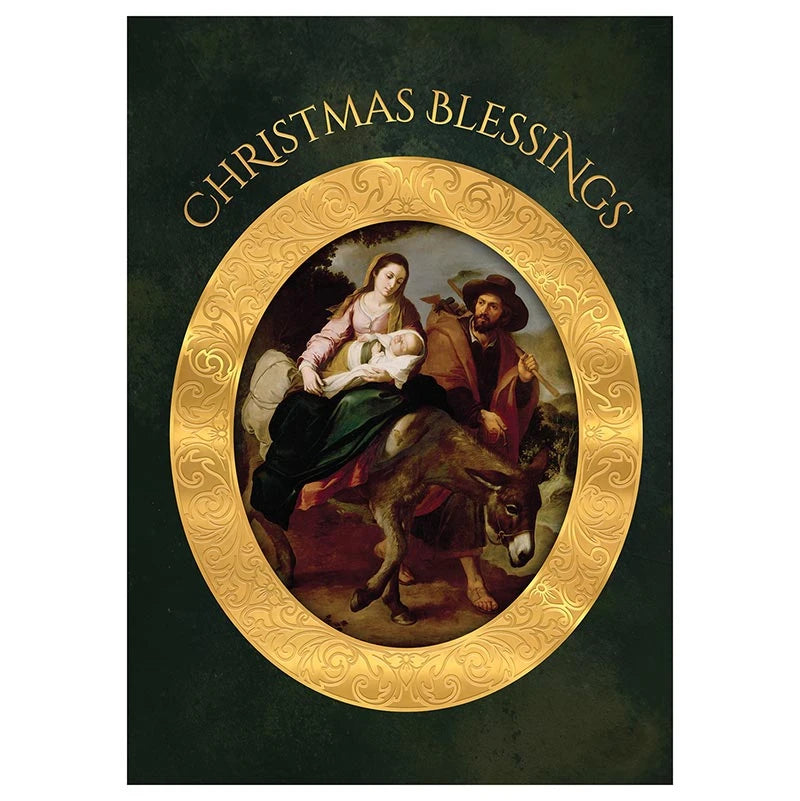 Boxed Catholic Christmas card assortment featuring sacred Nativity artwork and elegant gold foil accents.