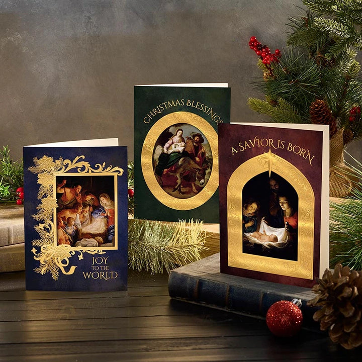 Old Masters 5 x 7 Christmas cards with classic religious art for Catholic families, parishes, and holiday greetings.