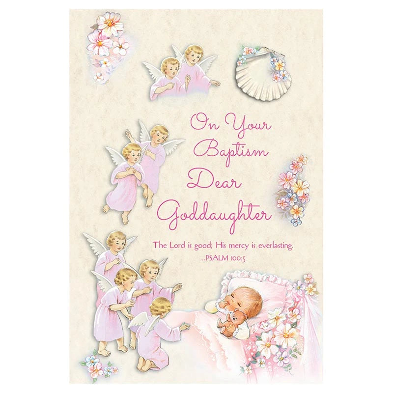 On Your Baptism Dear Goddaughter Card BAP52029 featuring gold foil embossed cardstock and a heartfelt Catholic Baptism blessing.