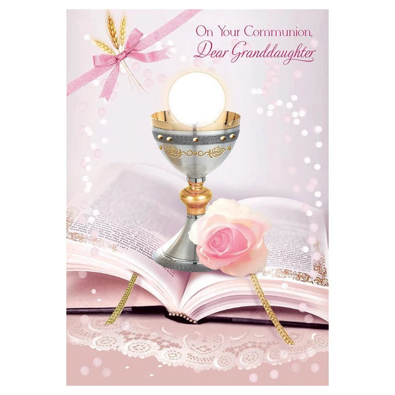 First Communion card for granddaughter with gold foil embossed Catholic design