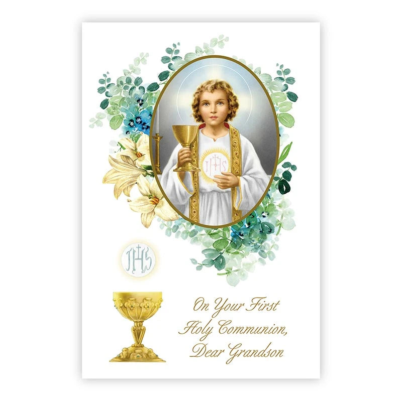 First Communion card for grandson with Catholic Italian artwork and gold foil accents