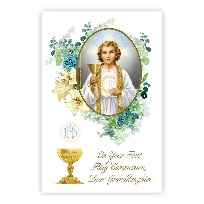 First Communion card for granddaughter with Catholic Italian artwork and gold foil accents