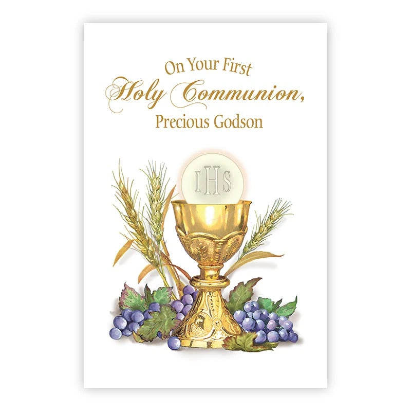 First Communion card for godson with Catholic Italian artwork and gold foil accents