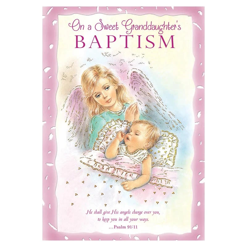 On a Sweet Granddaughter's Baptism Card with gold foil embossed design and Catholic blessing for a granddaughter’s Baptism or christening.