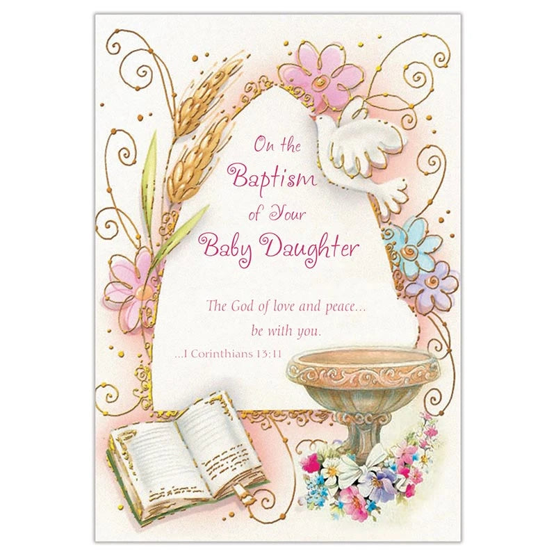 On the Baptism of Your Baby Daughter Card with gold foil embossed design and Catholic blessing for a baby girl’s Baptism or christening.
