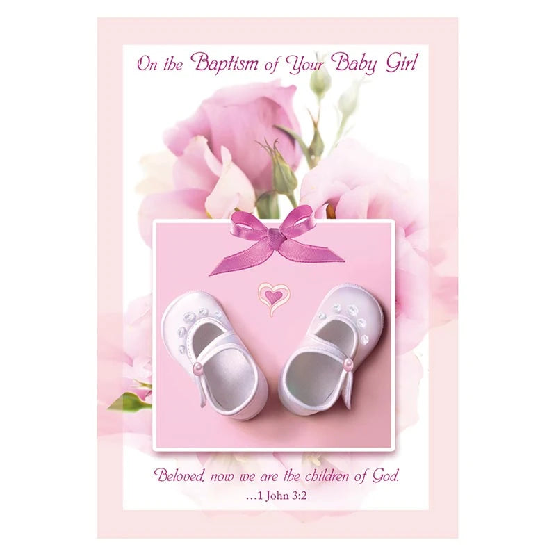 On the Baptism of Your Baby Girl Card with elegant embossed design and Catholic blessing for a baby girl’s Baptism or christening.
