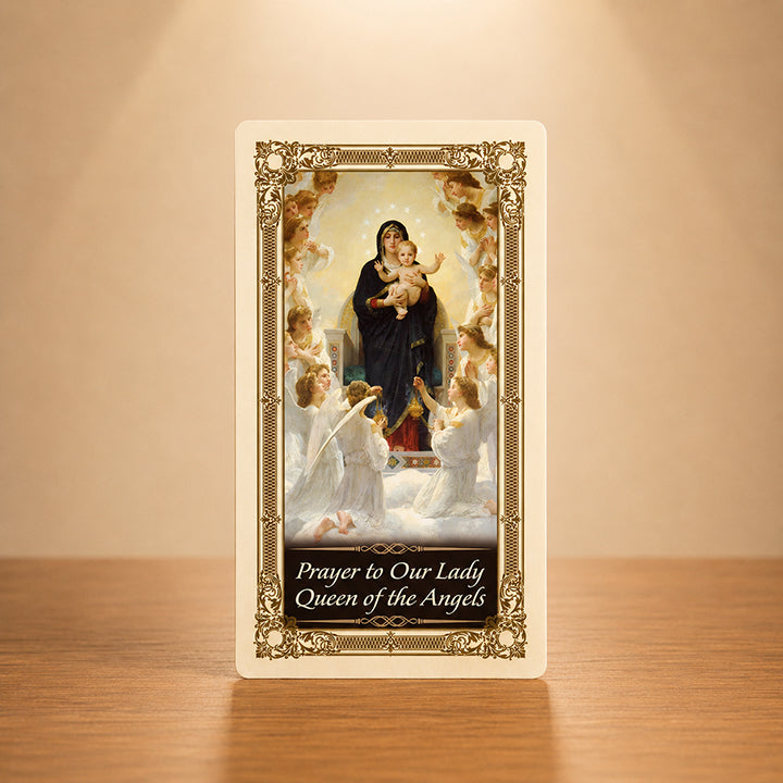 Our Lady Queen of the Angels Prayer Card with traditional Marian artwork and gold colour accents