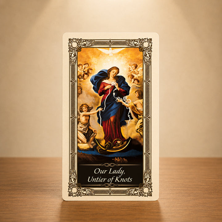 Our Lady Undoer of Knots Prayer Card with Blessed Virgin Mary artwork and gold colour accents