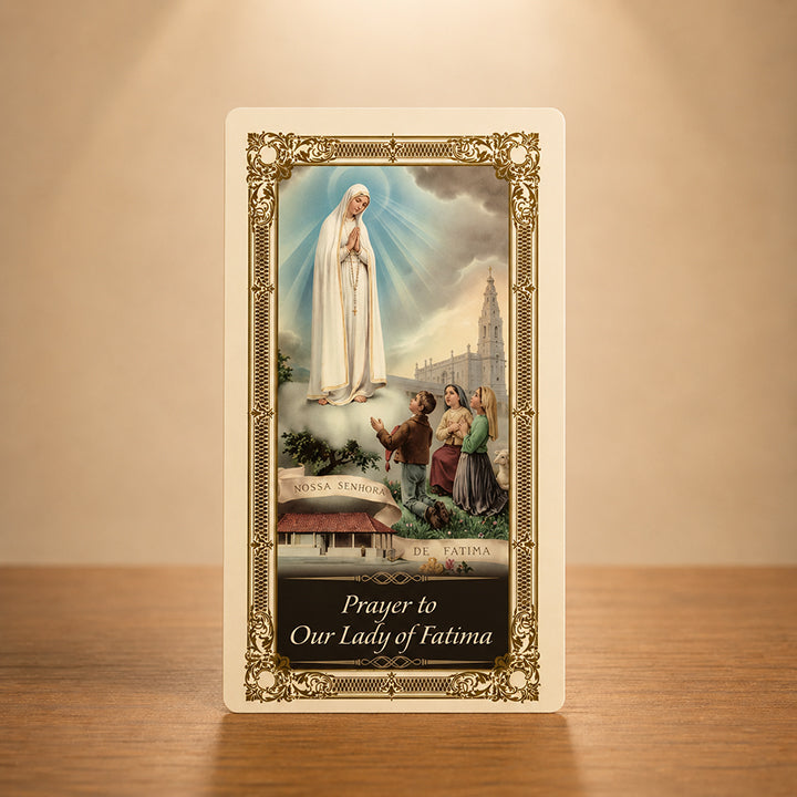 Our Lady of Fatima Prayer Card with Virgin Mary appearing to the three shepherd children and gold colour accents
