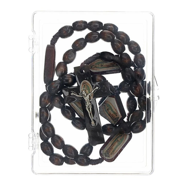 Brown wood Our Lady of Guadalupe rosary measuring 19.5 inches long for daily prayer, Marian devotion, retreats, and Catholic gifts.