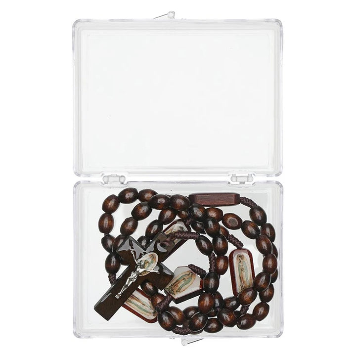 Brown wood Our Lady of Guadalupe rosary measuring 19.5 inches long for  Marian devotion, retreats, and Catholic gifts.