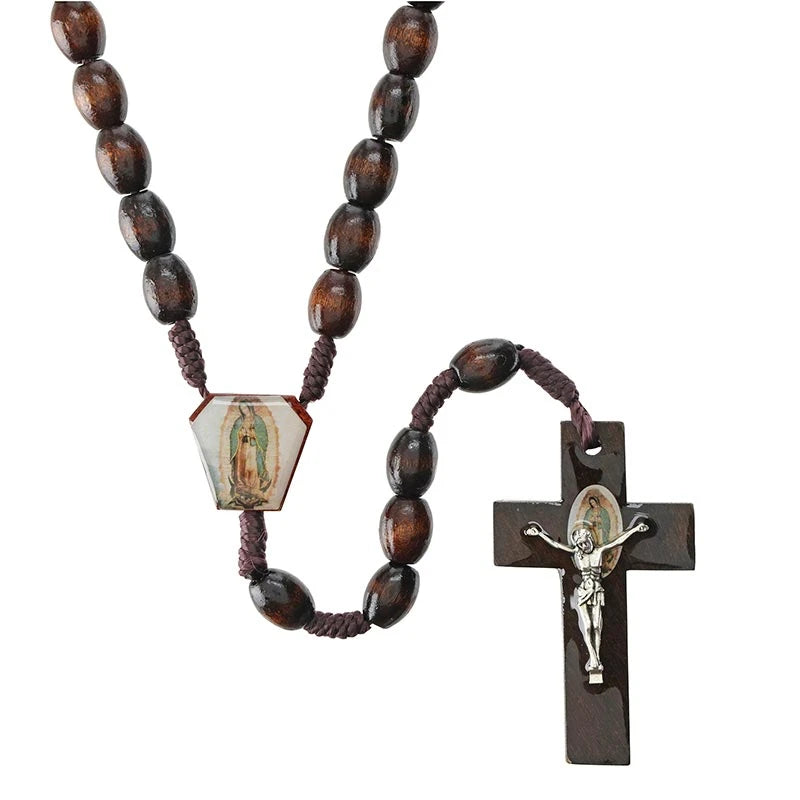 Our Lady of Guadalupe Brown Wooden Rosary with 6 mm oval wood beads, 2-inch crucifix, and traditional Catholic Marian design.