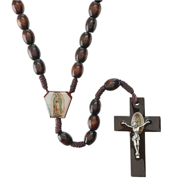 Our Lady of Guadalupe Brown Wooden Rosary with 6 mm oval wood beads, 2-inch crucifix, and traditional Catholic Marian design.