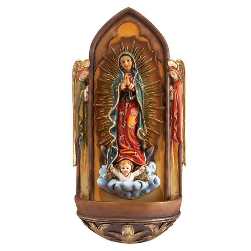 Our Lady of Guadalupe Holy Water Font in 8-inch resin with detailed painted finish and traditional Catholic styling.