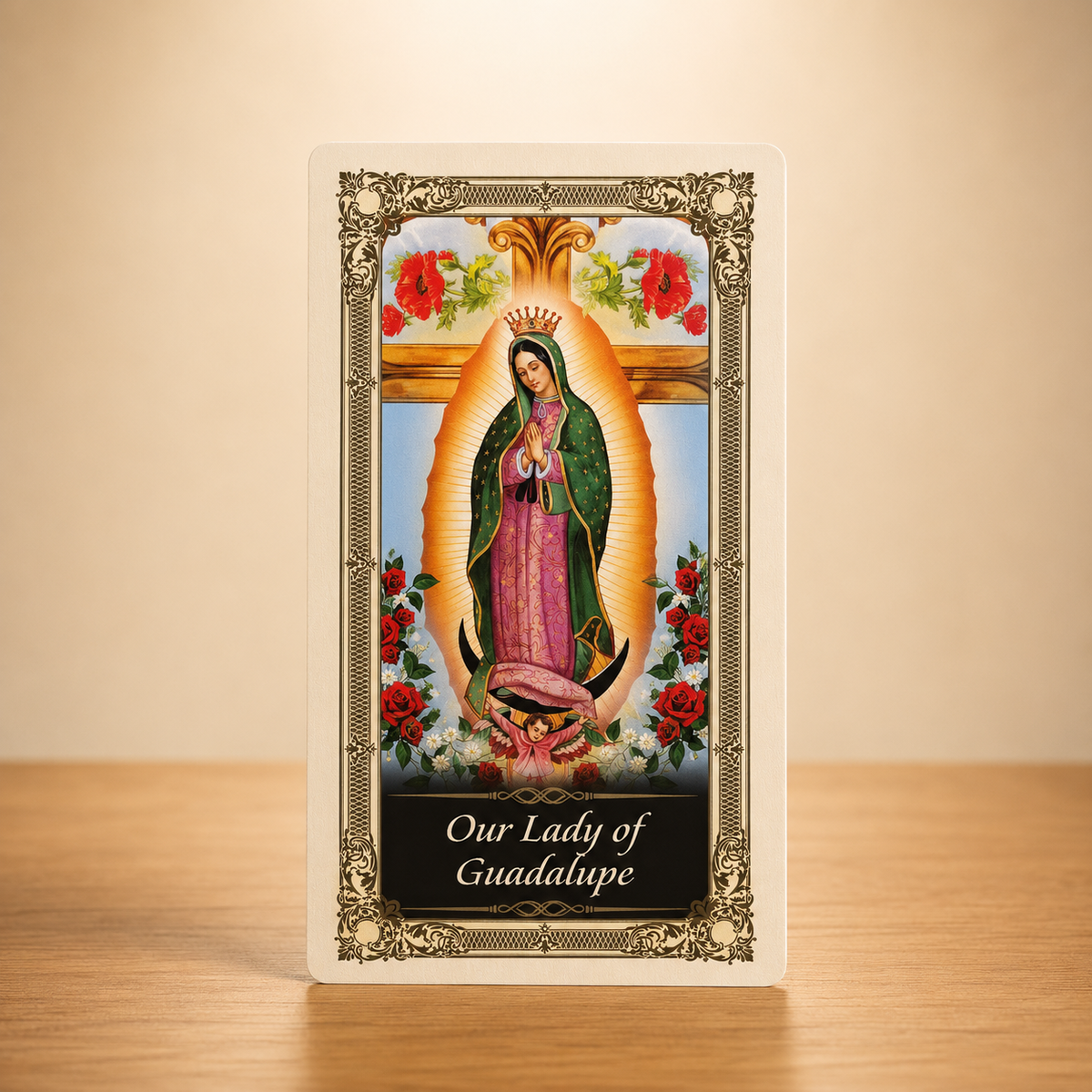 Our Lady of Guadalupe Prayer Card with traditional Marian artwork and gold colour accents