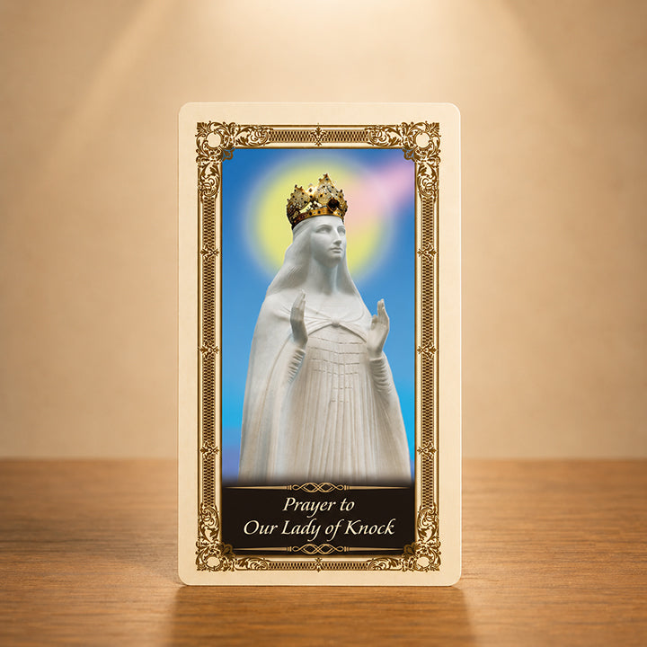 Our Lady of Knock Prayer Card with crowned Virgin Mary statue and traditional gold colour accents