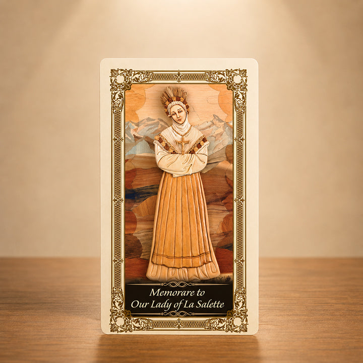 Our Lady of La Salette Prayer Card with traditional Marian artwork and gold colour accents