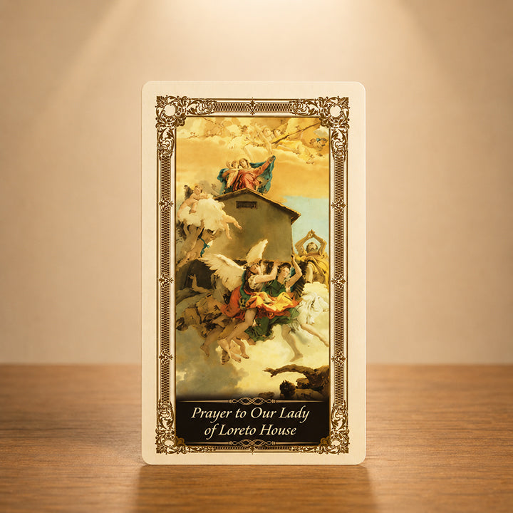 Our Lady of Loreto Prayer Card with Holy House artwork, angels and traditional gold color accents