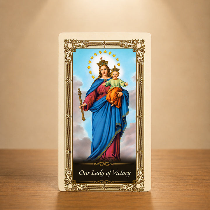 Our Lady of Victory Prayer Card with Blessed Virgin Mary and Child Jesus artwork and gold color accents