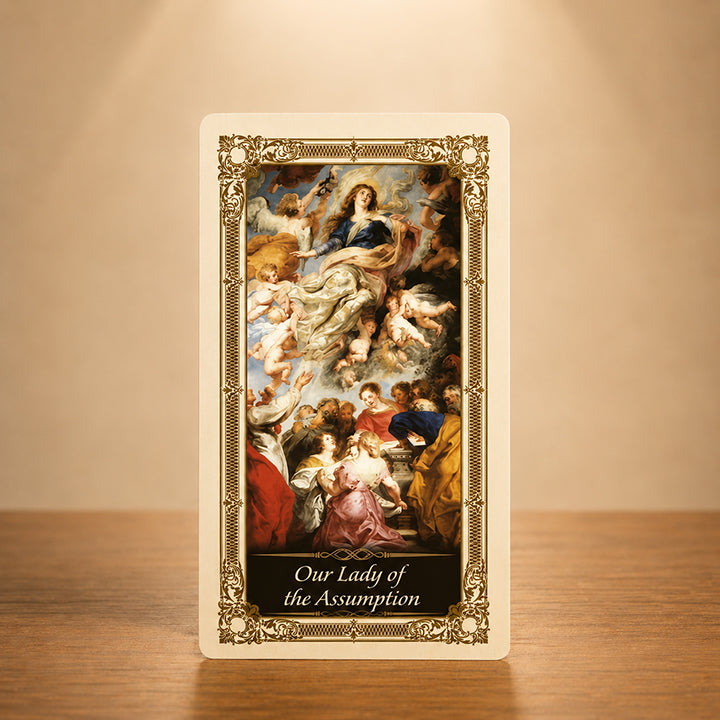 Our Lady of the Assumption Prayer Card with Blessed Virgin Mary ascending to heaven and gold colour accents