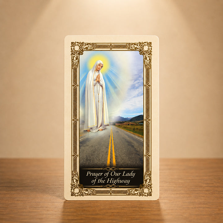 Our Lady of the Highway Prayer Card with traditional Marian artwork and gold colour accents